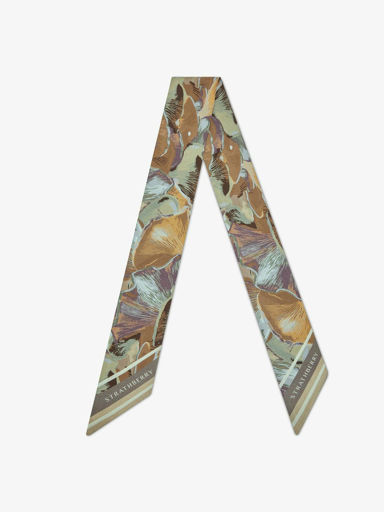 Oat and mushroom print silk skinny scarf