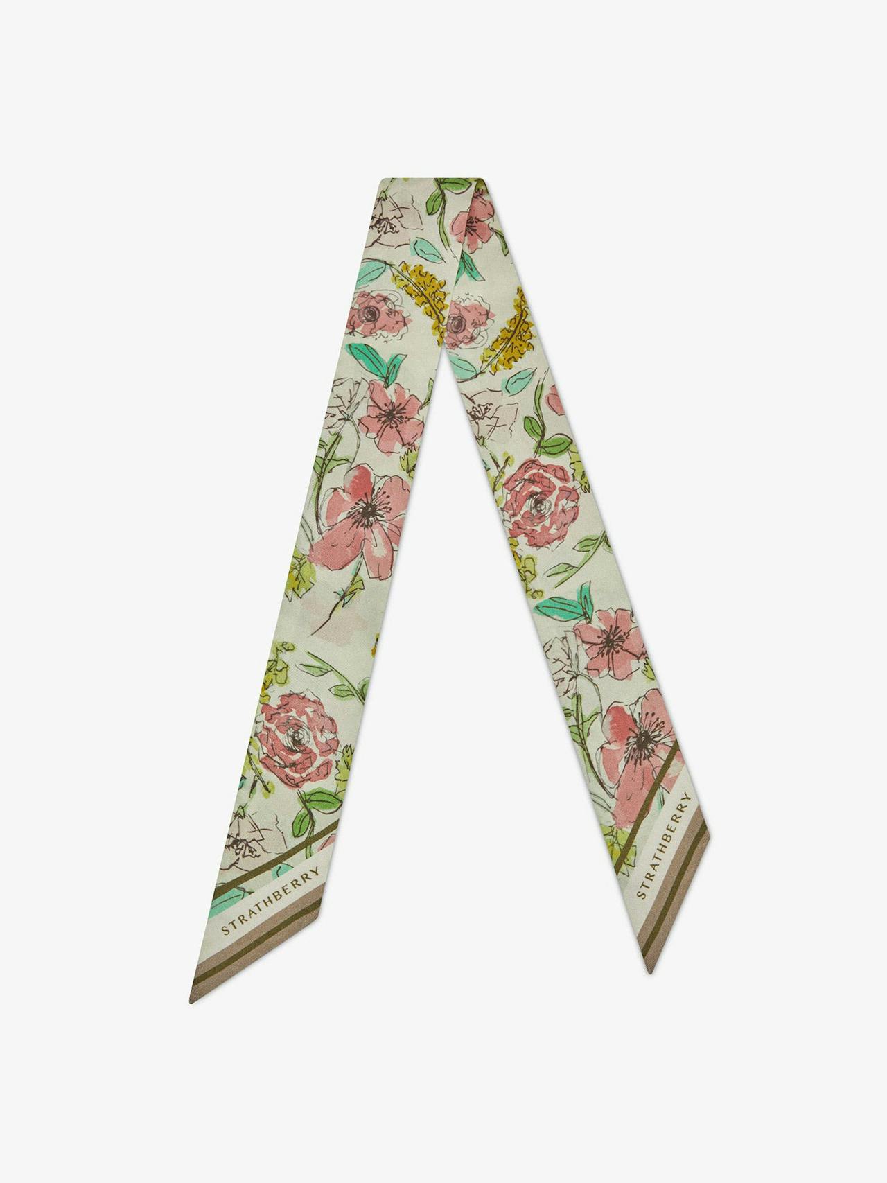 Floral watercolour print silk skinny scarf