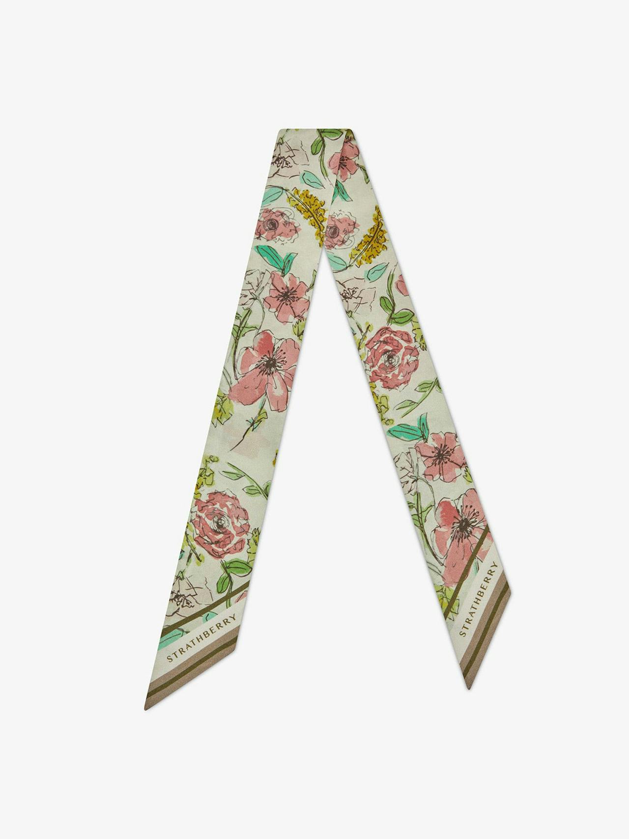 Floral watercolour print silk skinny scarf Silk Skinny Scarf Strathberry    - Collagerie