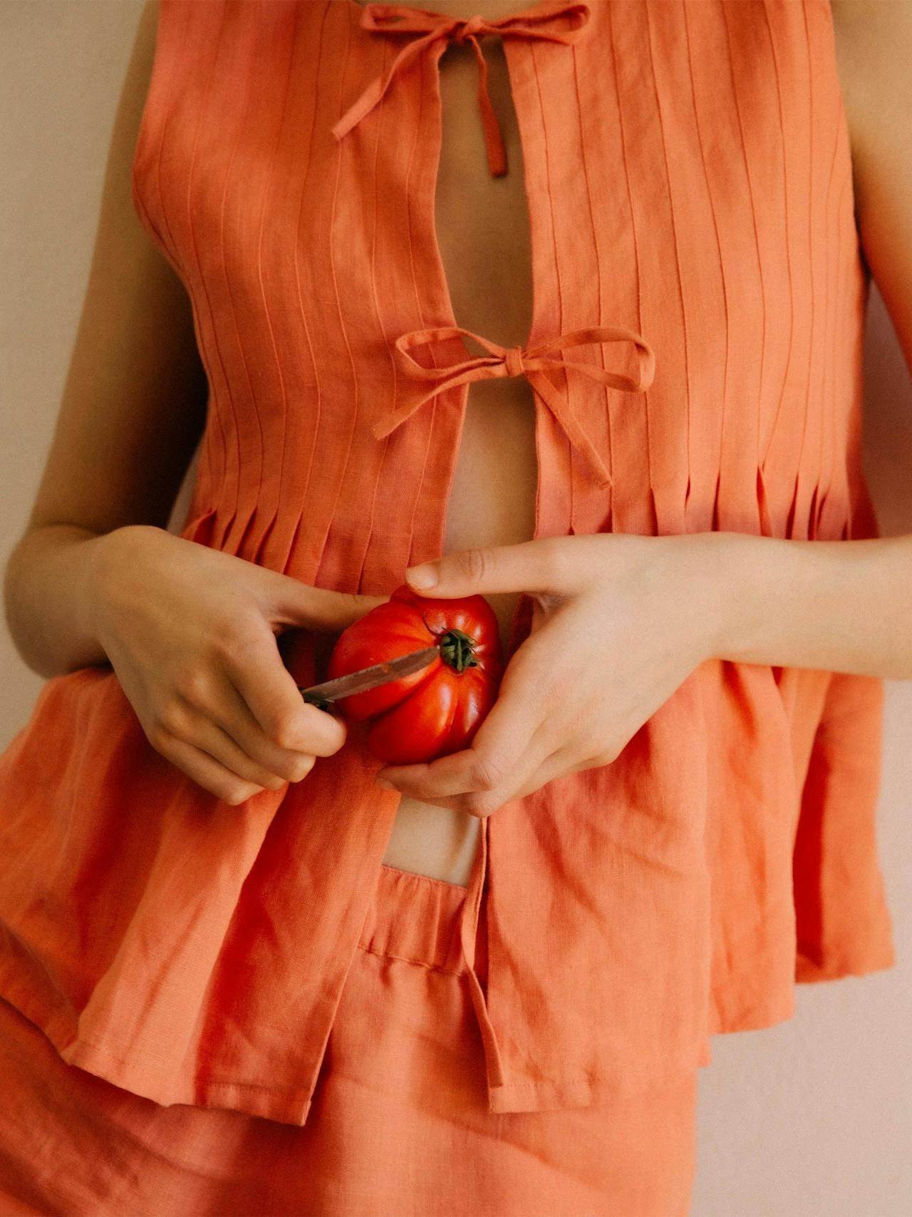 Pleated cami top and shorts set coral linen Pleated Cami Top and Shorts Set Desmond & Dempsey    - Collagerie