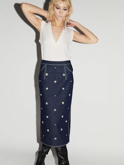 Indigo embellished denim Sonia skirt Skirt Huishan Zhang    - Collagerie