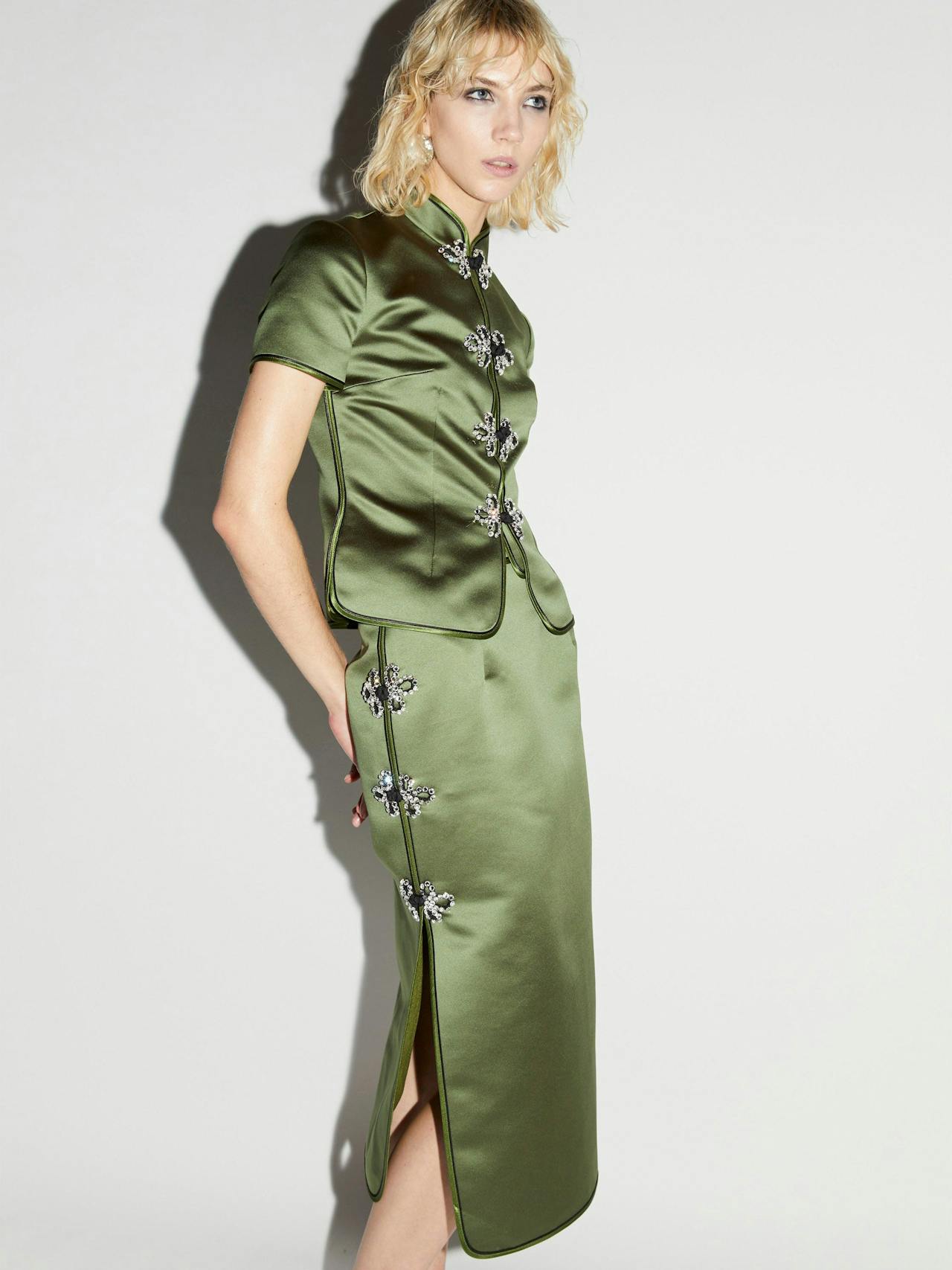 Olive green satin Dario skirt Skirt Huishan Zhang    - Collagerie