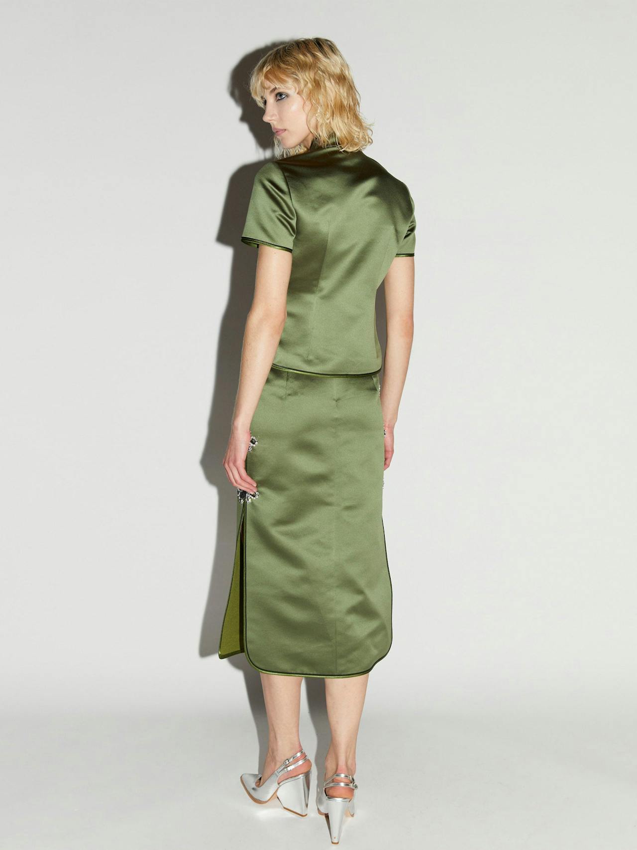 Olive green satin Dario skirt Skirt Huishan Zhang    - Collagerie