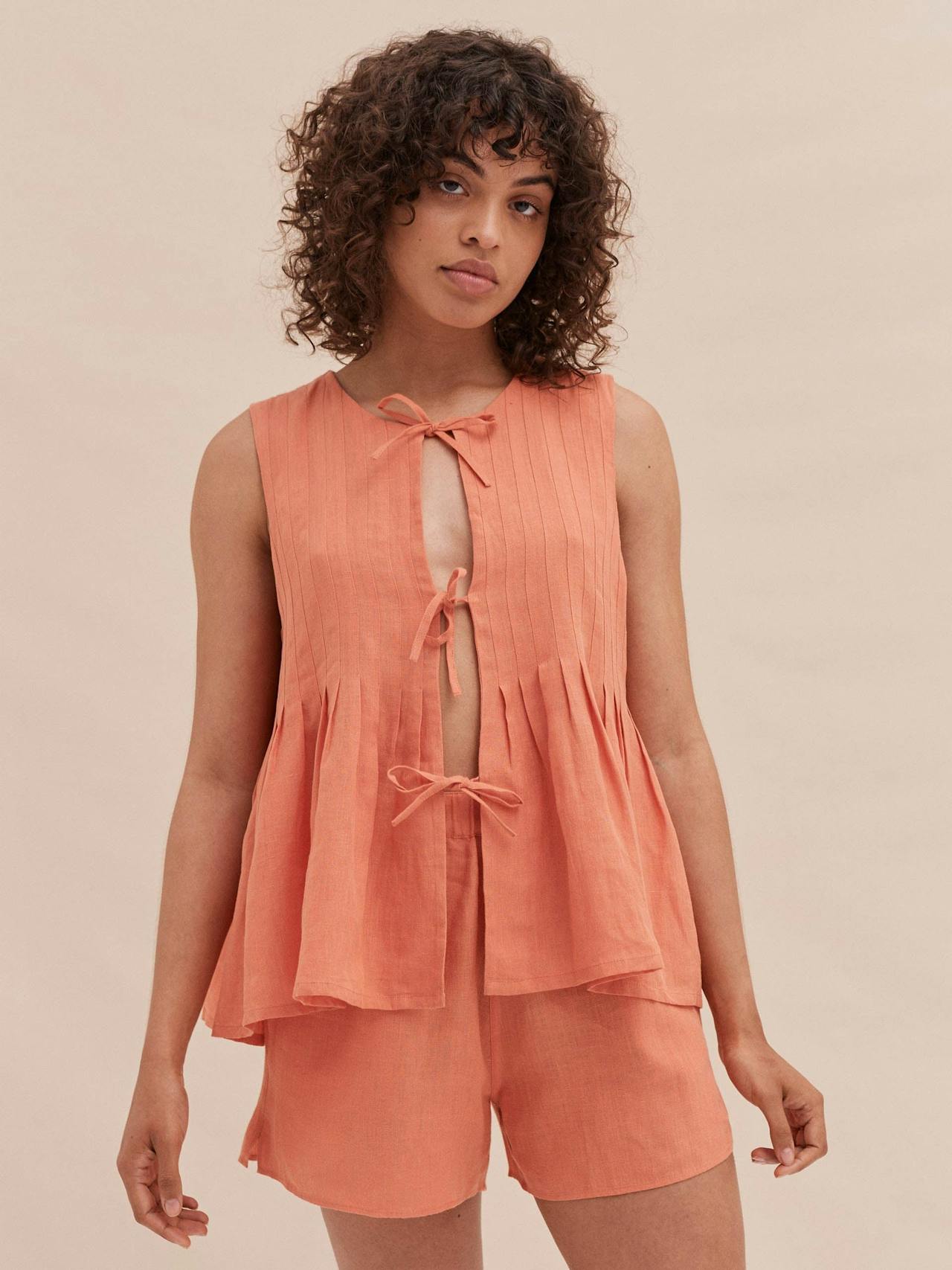 Pleated cami top and shorts set coral linen Pleated Cami Top and Shorts Set Desmond & Dempsey    - Collagerie