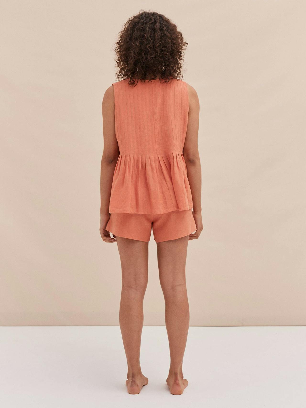 Pleated cami top and shorts set coral linen Pleated Cami Top and Shorts Set Desmond & Dempsey    - Collagerie