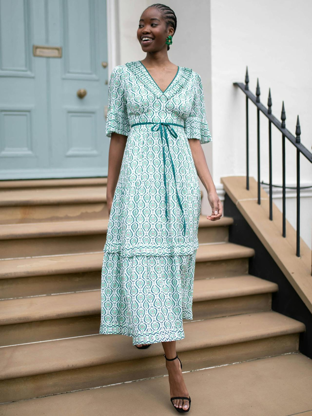 White green tudor rose print Cordelia cotton blend maxi dress Dress Cefinn    - Collagerie