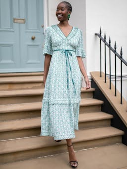 White green tudor rose print Cordelia cotton blend maxi dress Dress Cefinn    - Collagerie