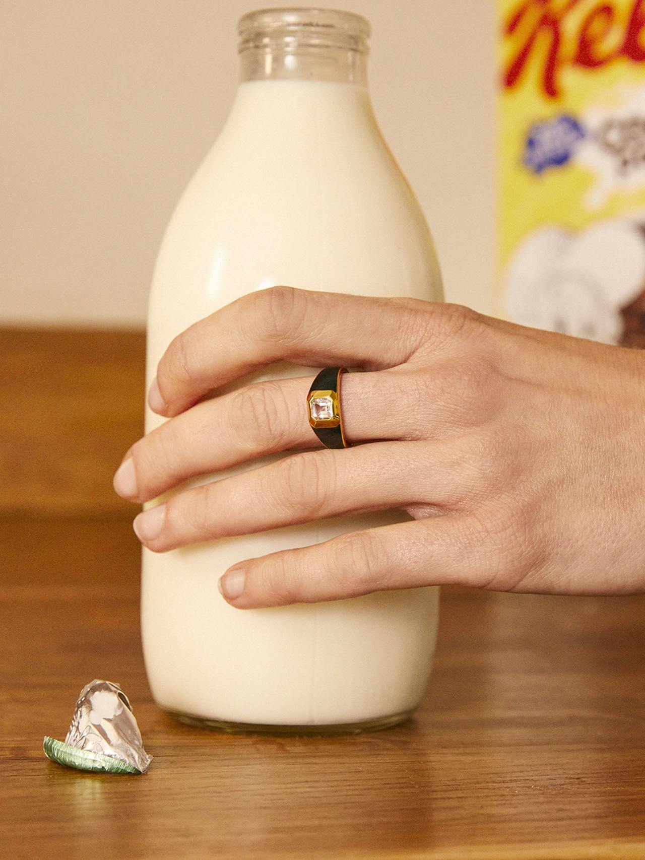 Sophie green enamel signet ring with white topaz Jewellery V by Laura Vann    - Collagerie