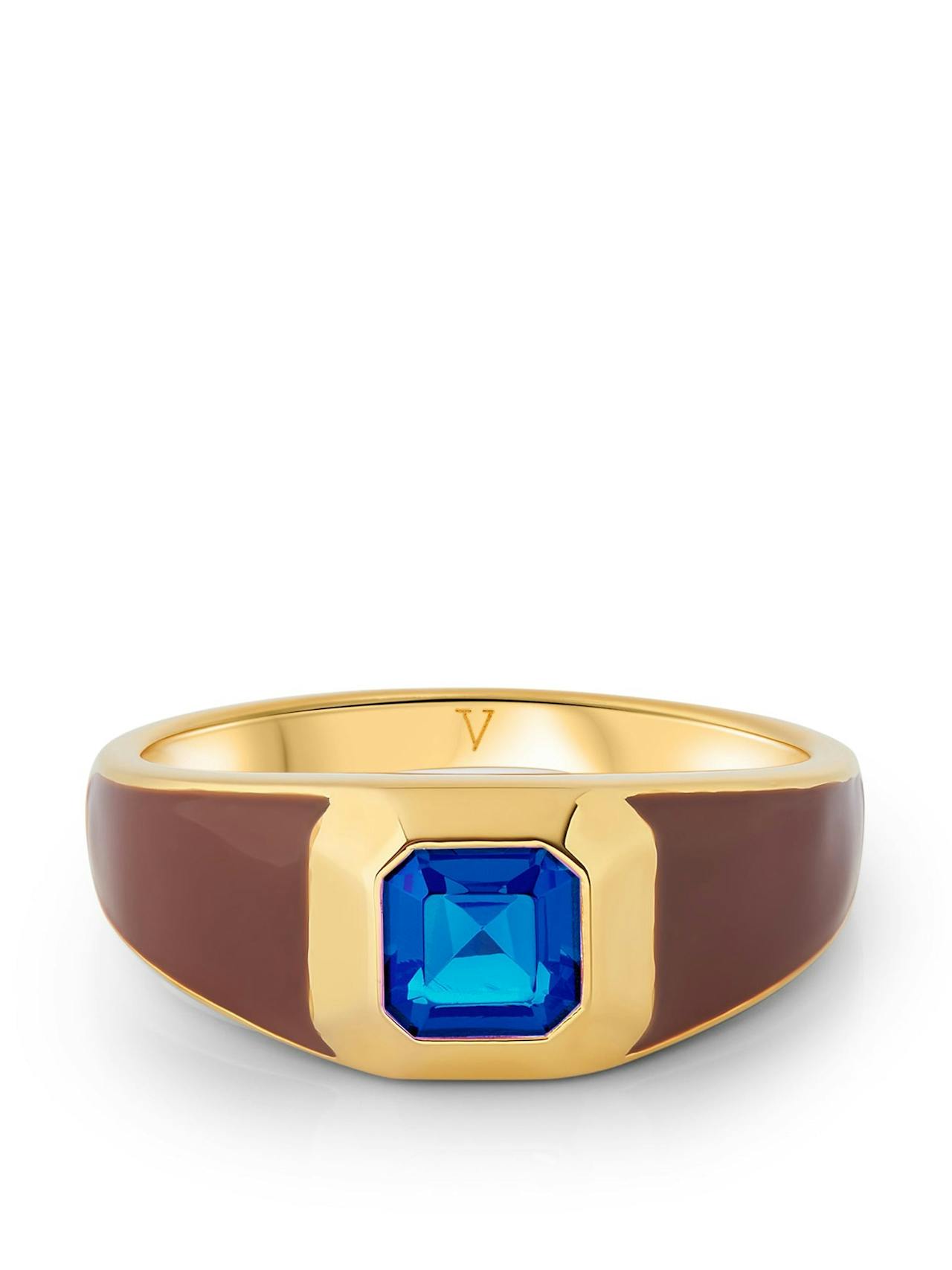 Sophie brown Enamel Signet Ring with sapphire blue Stone