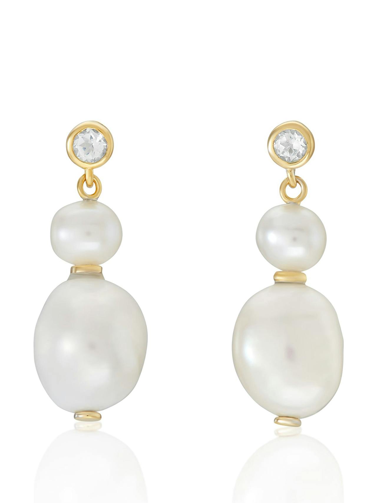 Eve double baroque pearl earrings in gold and white topaz