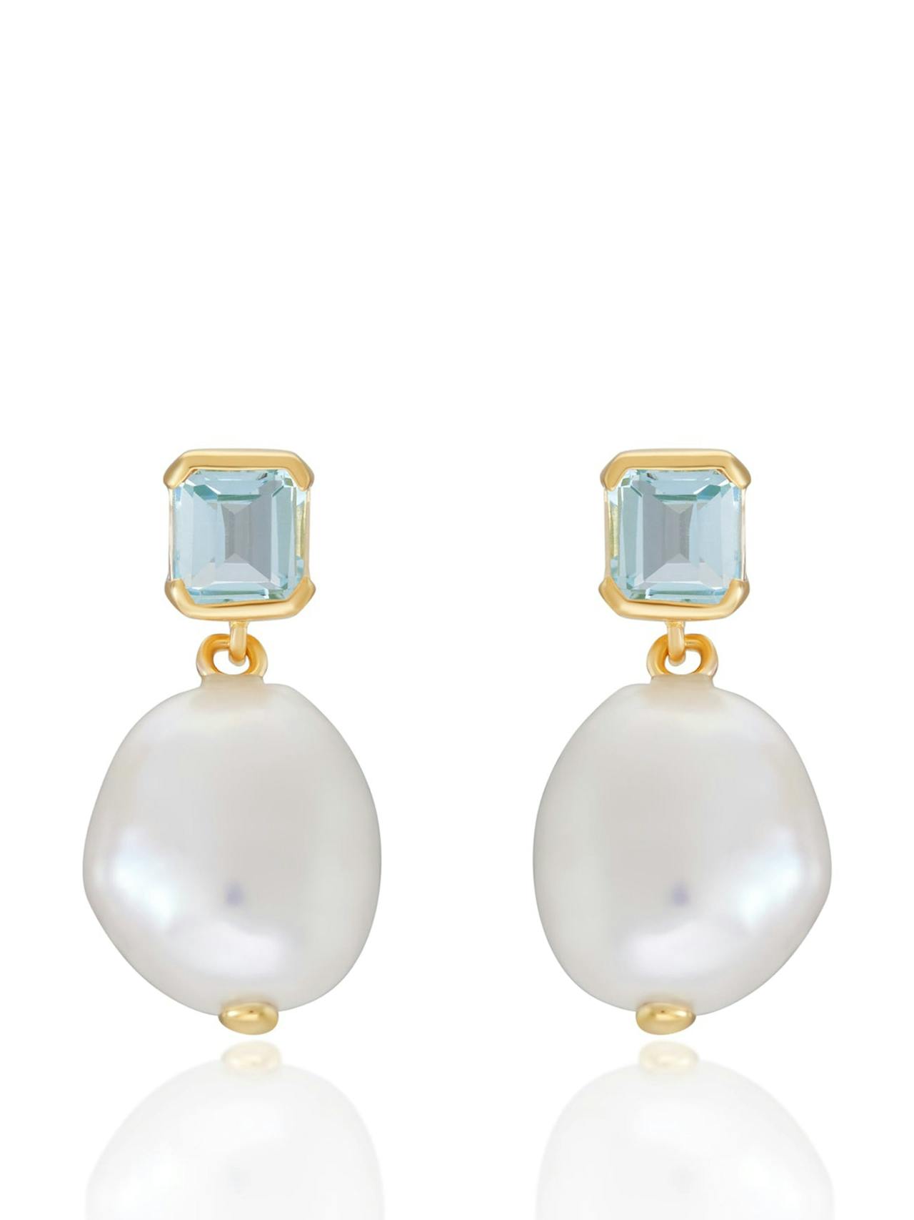 Bella baroque pearl drop earrings in gold and blue topaz