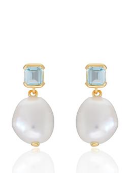 Bella baroque pearl drop earrings in gold and blue topaz Jewellery V by Laura Vann    - Collagerie