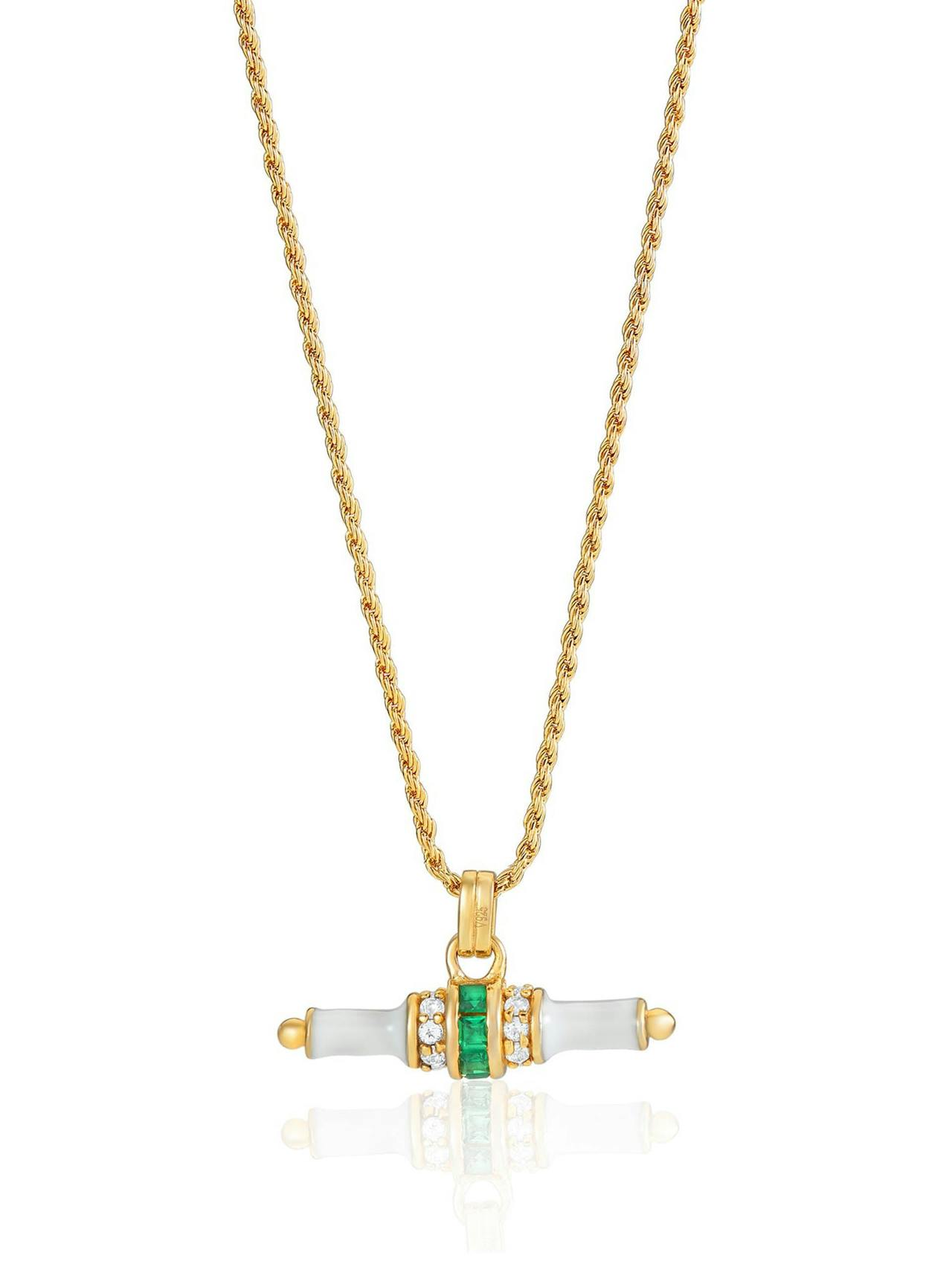 White enamel Bridget t-bar necklace with emerald green stone Jewellery & Watches V by Laura Vann    - Collagerie