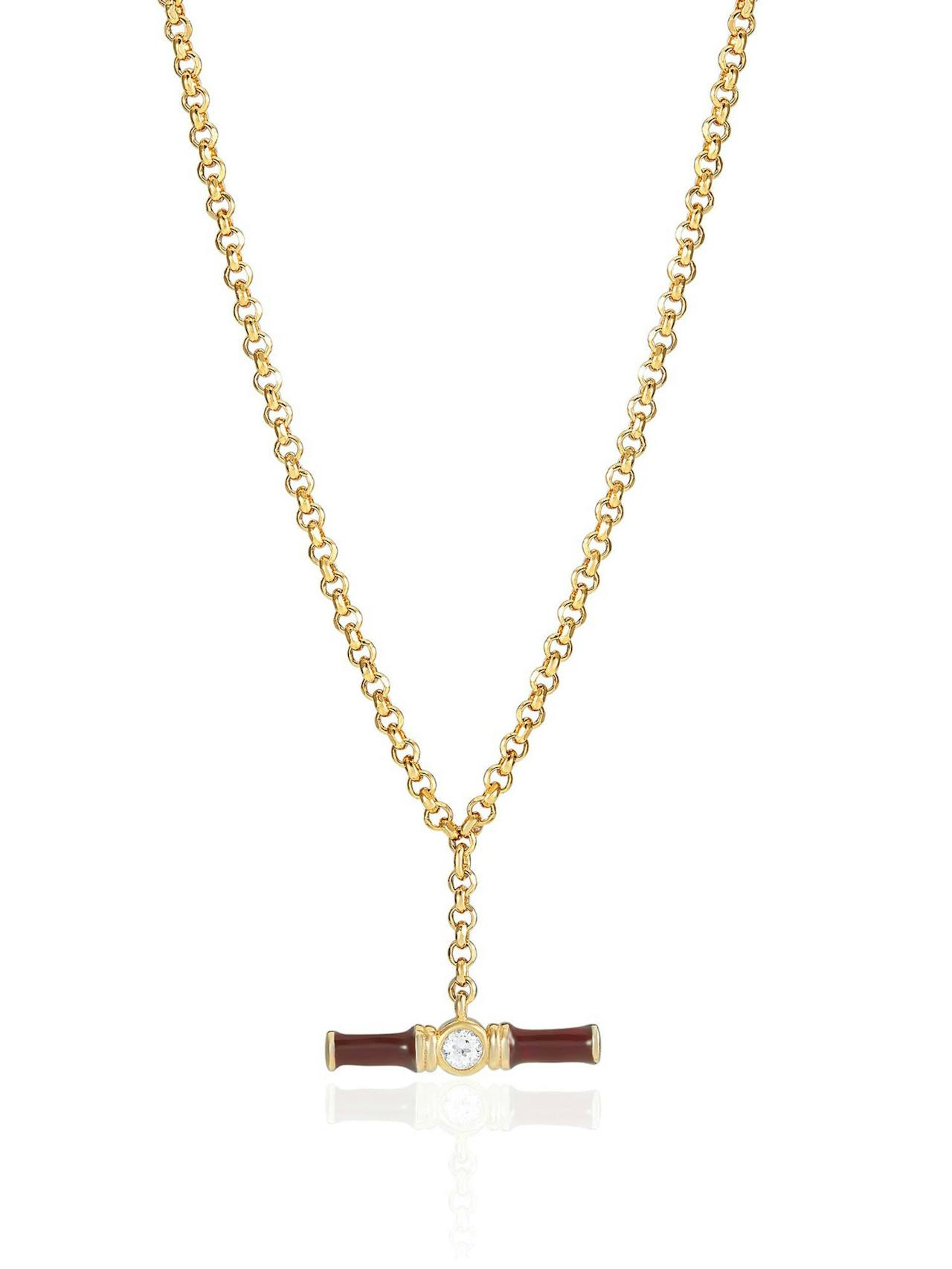 Brown enamel small Dyllan t-bar necklace with white topaz