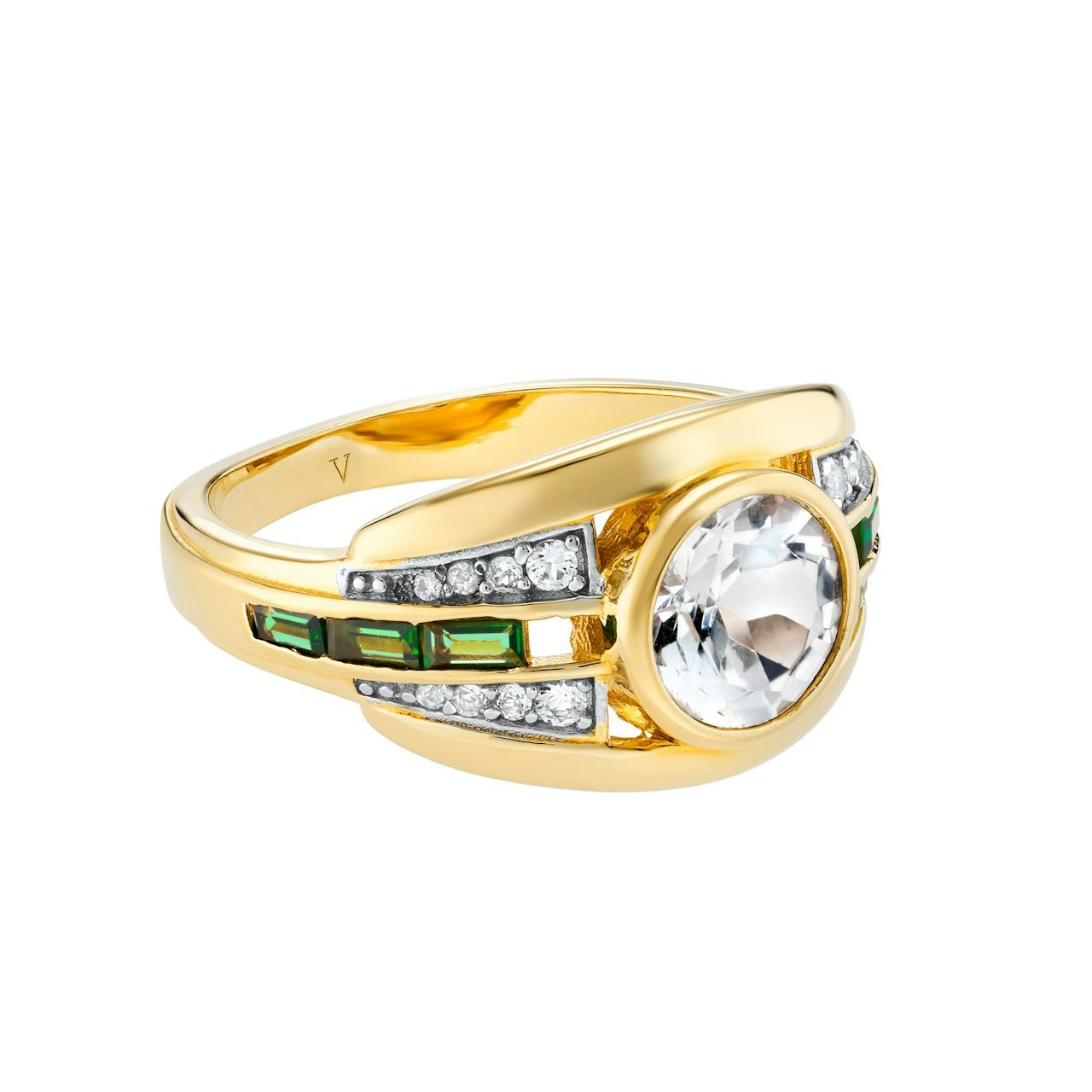 Gold Olive ring with white topaz and emerald green stone Jewellery & Watches V by Laura Vann    - Collagerie