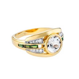 Gold Olive ring with white topaz and emerald green stone Jewellery & Watches V by Laura Vann    - Collagerie