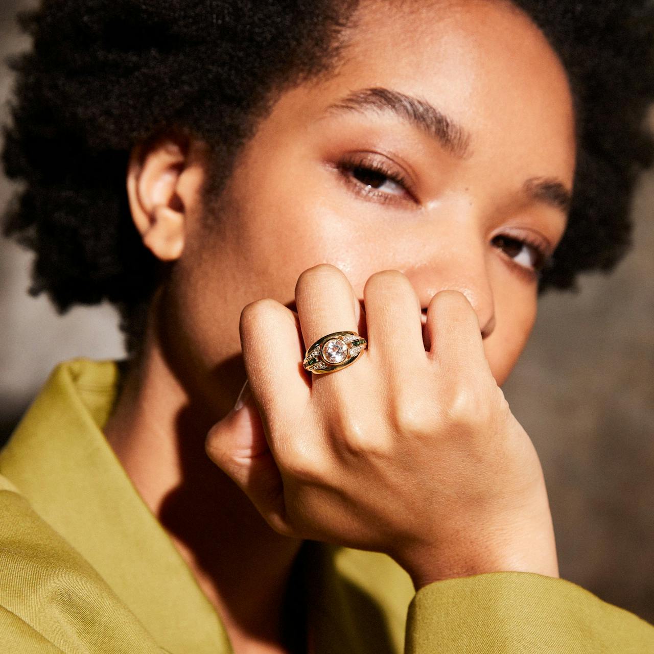 Gold Olive ring with white topaz and emerald green stone Jewellery & Watches V by Laura Vann    - Collagerie