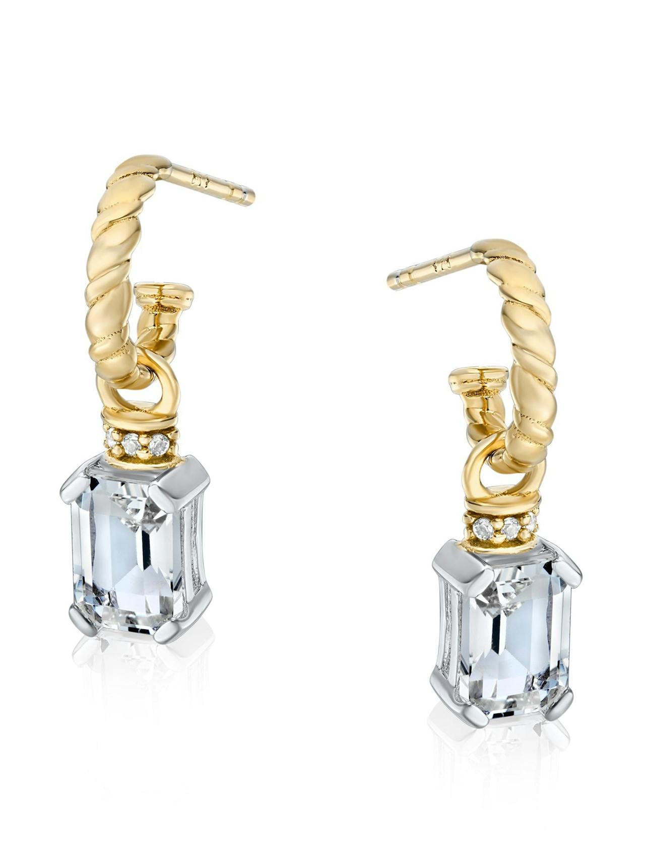 Emerald cut charms on twisted hoops