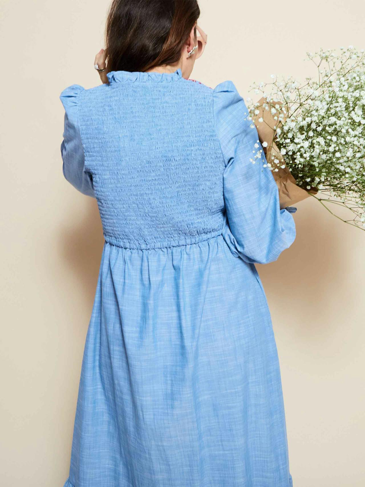 Emmeline pankhurst dress chambray with strawberries and cream hand smocking  Smock London    - Collagerie