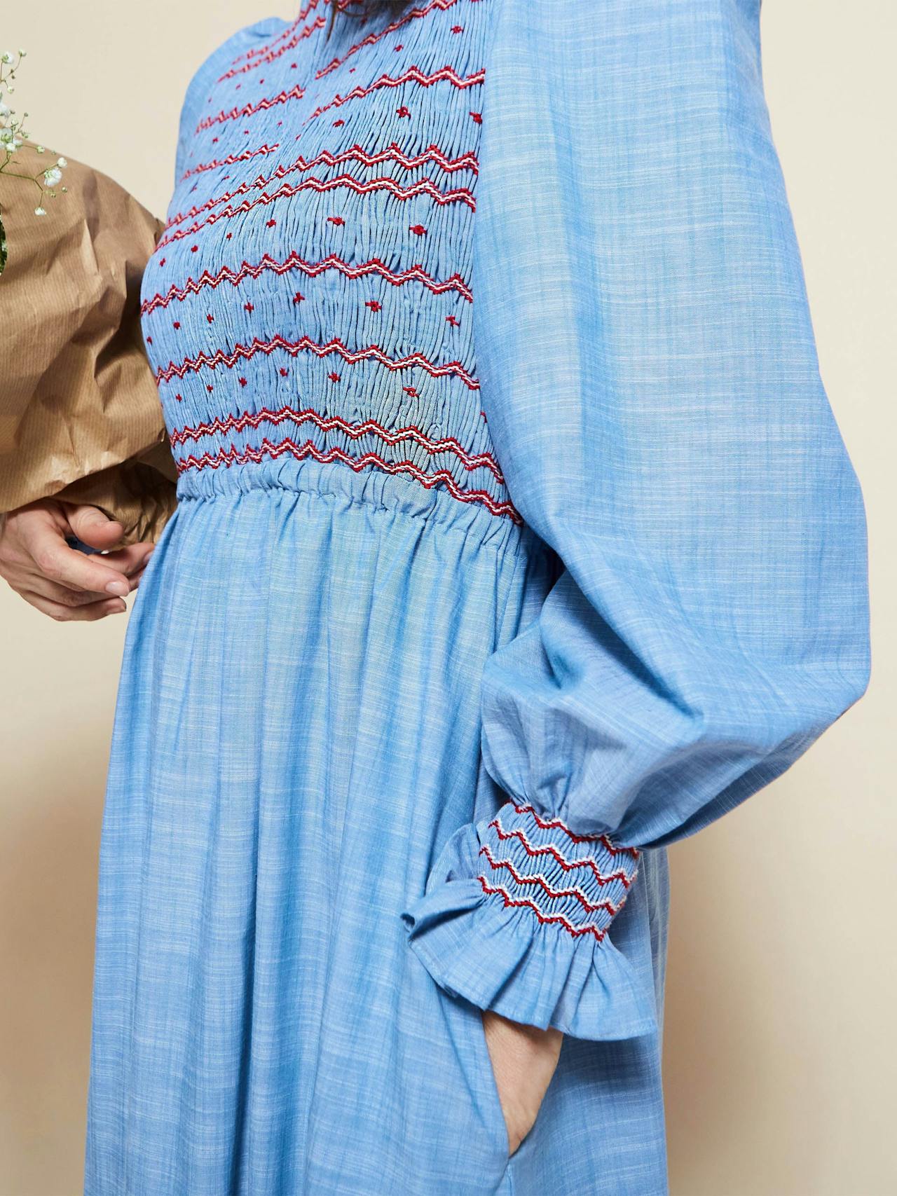 Emmeline pankhurst dress chambray with strawberries and cream hand smocking  Smock London    - Collagerie