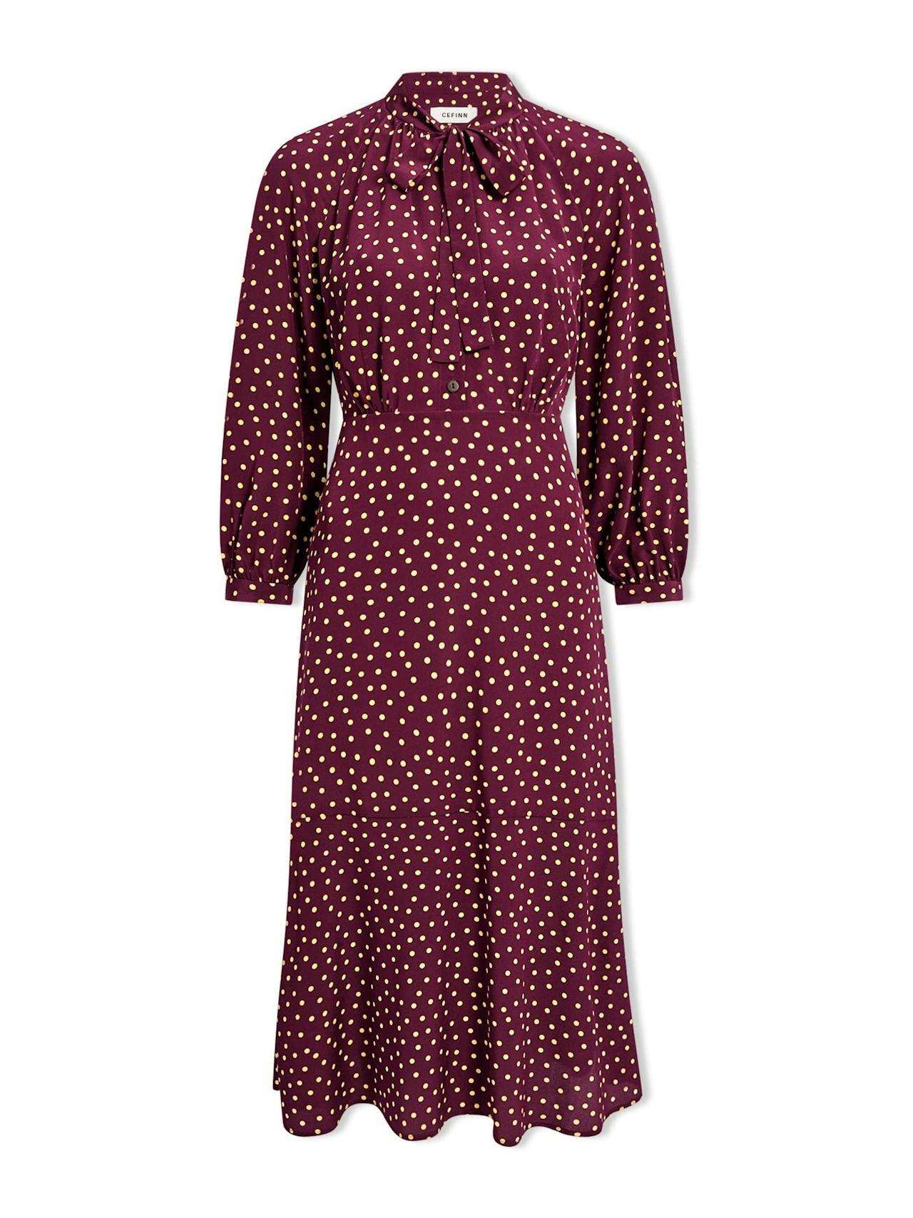 Burgundy gold polka dot print Daria silk midi dress