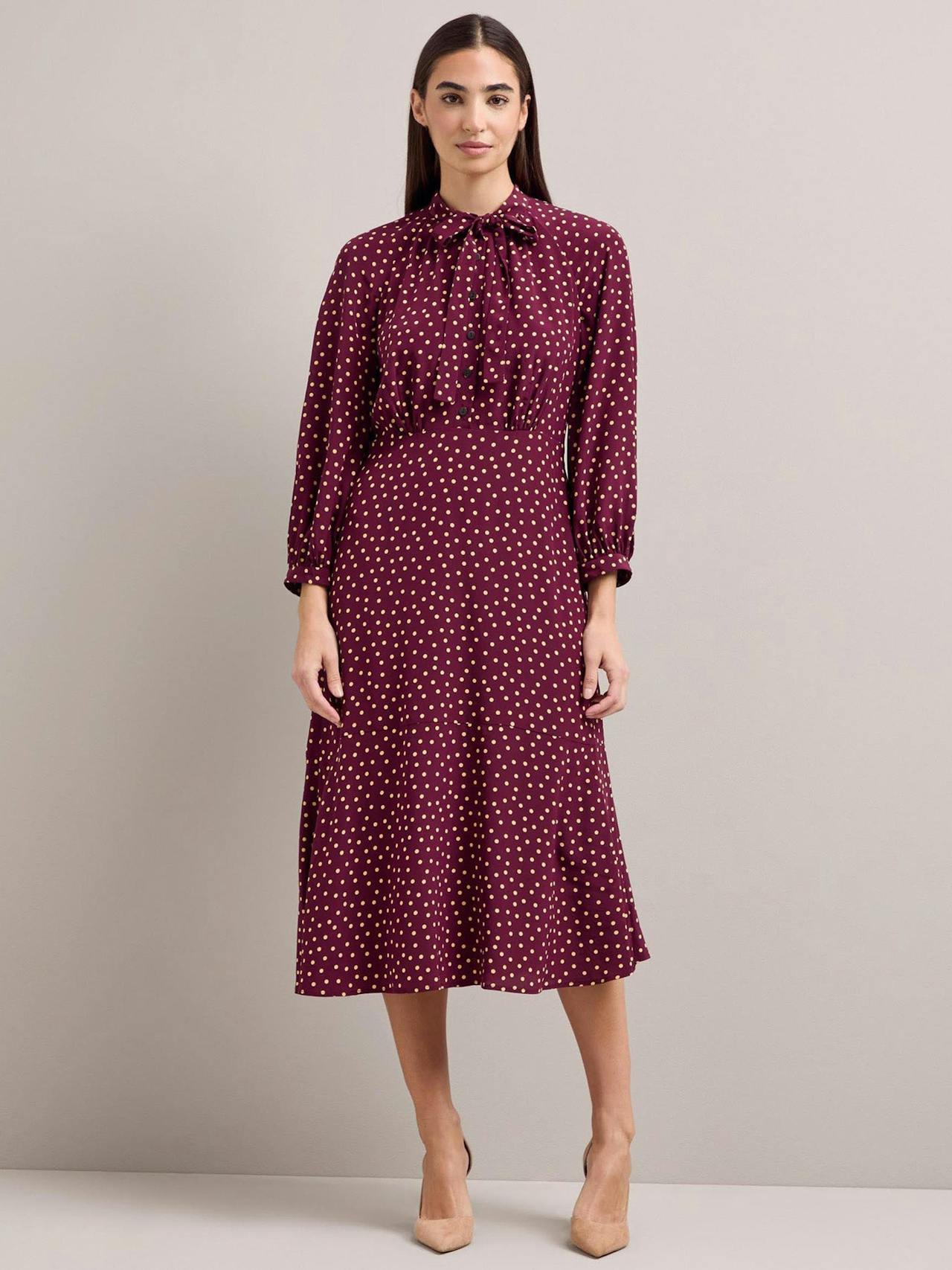 Burgundy gold polka dot print Daria silk midi dress Dress Cefinn    - Collagerie