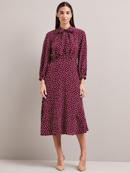 Burgundy gold polka dot print Daria silk midi dress Dress Cefinn    - Collagerie