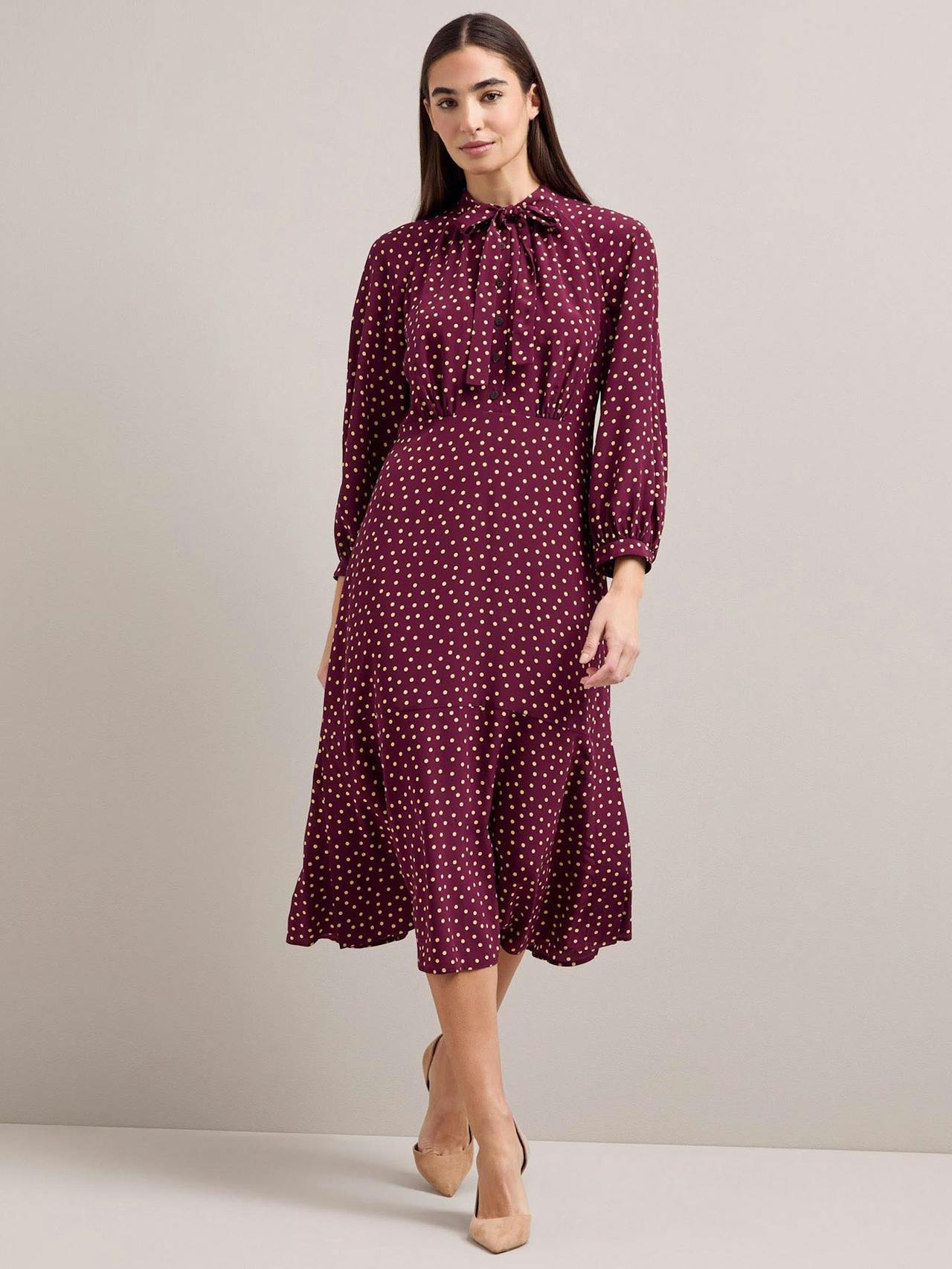 Burgundy gold polka dot print Daria silk midi dress Dress Cefinn    - Collagerie