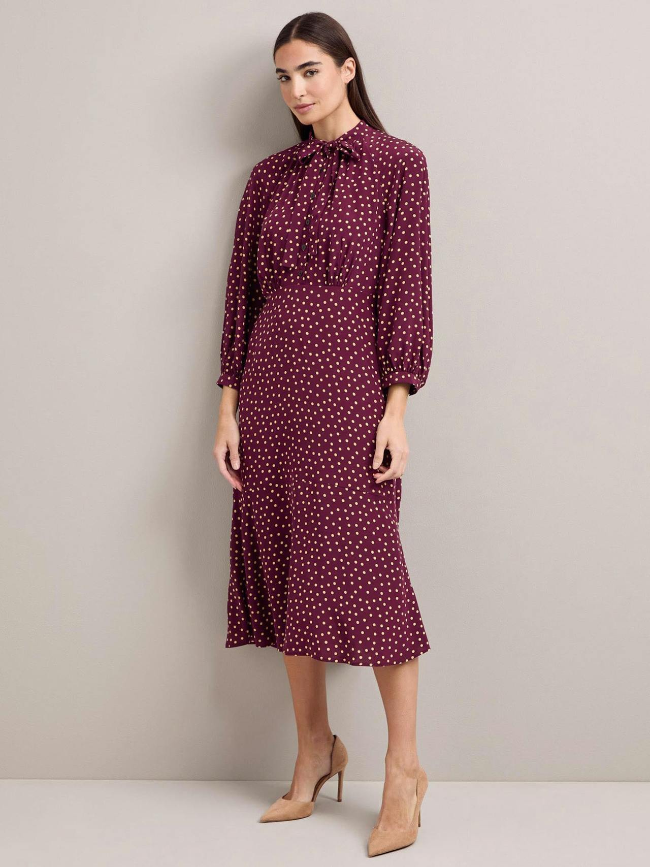 Burgundy gold polka dot print Daria silk midi dress Dress Cefinn    - Collagerie