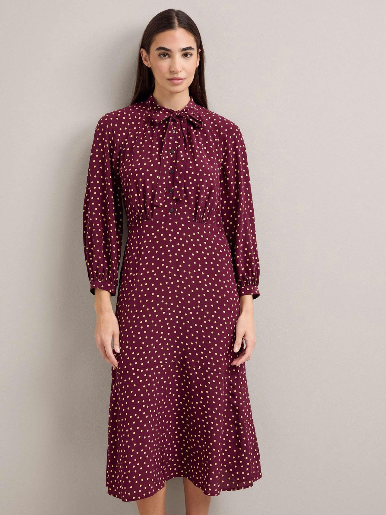 Burgundy gold polka dot print Daria silk midi dress Dress Cefinn    - Collagerie