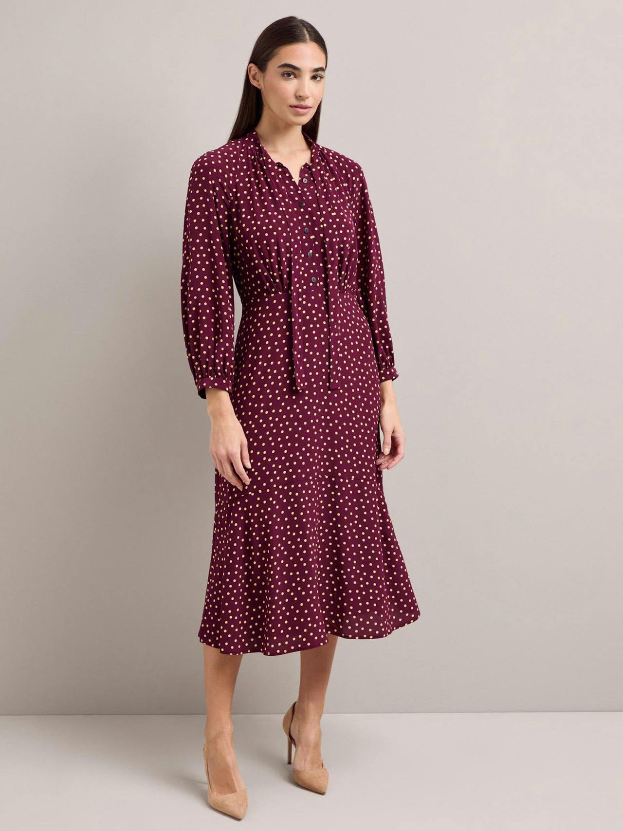 Burgundy gold polka dot print Daria silk midi dress Dress Cefinn    - Collagerie