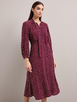 Burgundy gold polka dot print Daria silk midi dress Dress Cefinn    - Collagerie