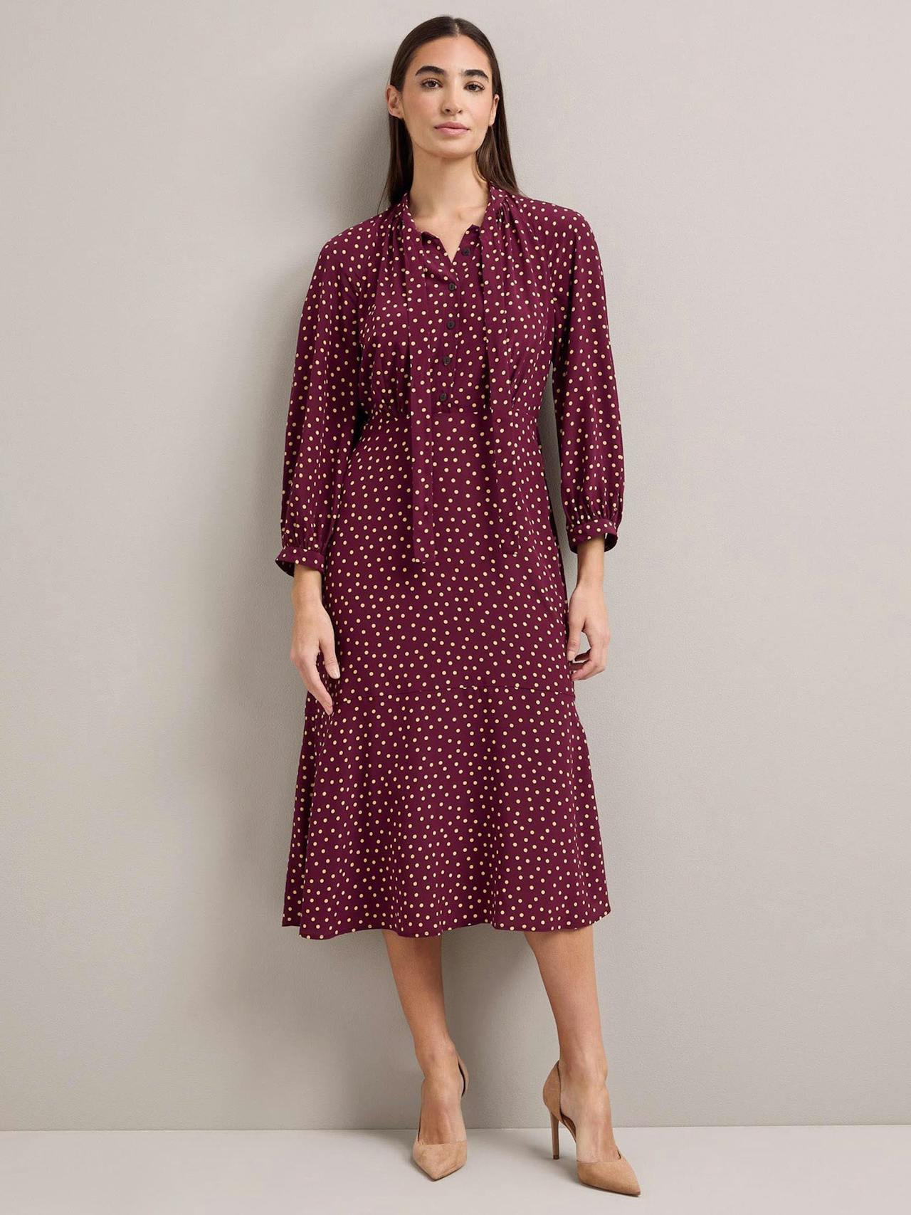 Burgundy gold polka dot print Daria silk midi dress Dress Cefinn    - Collagerie