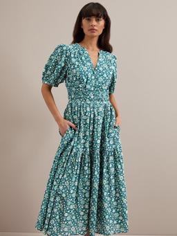 Green ditsy carnation print Olive cotton blend midi dress Dress Cefinn    - Collagerie