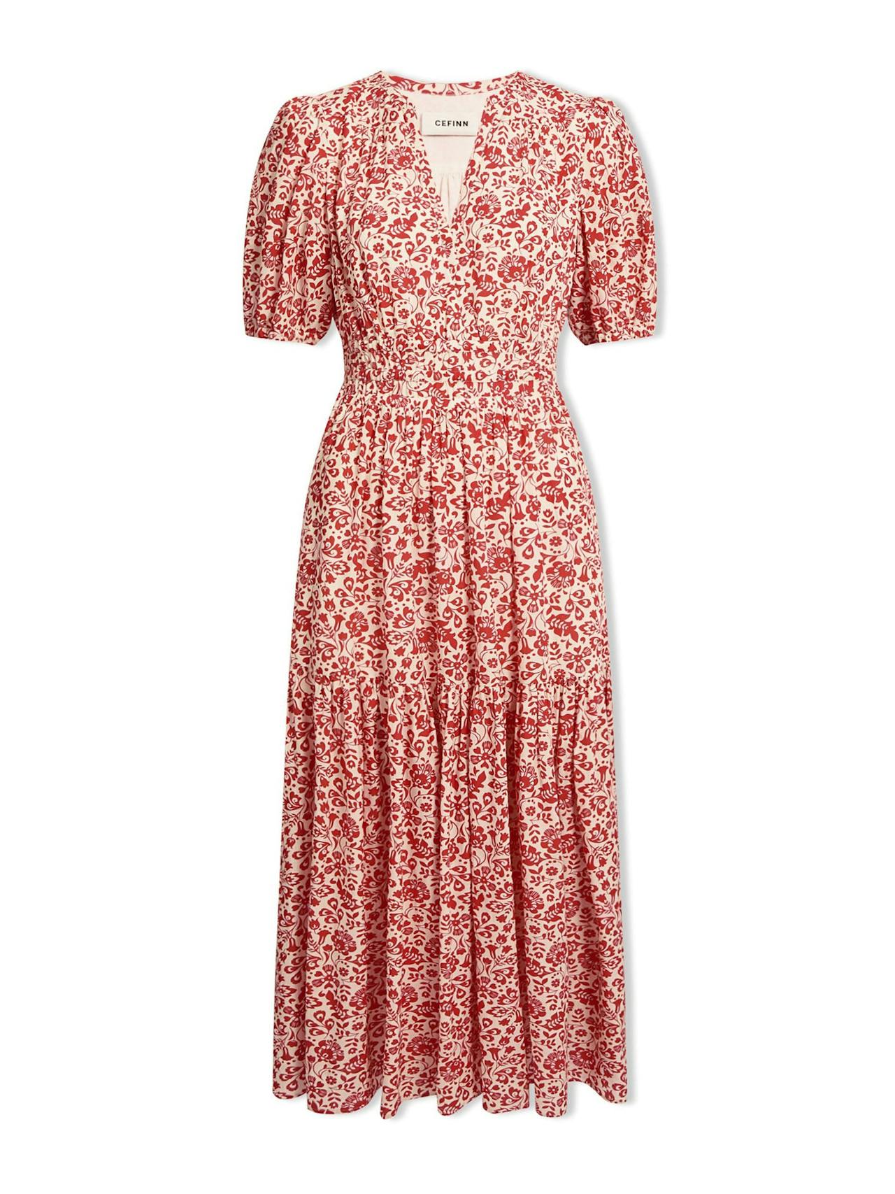 Red mono floral print Olive cotton blend midi dress