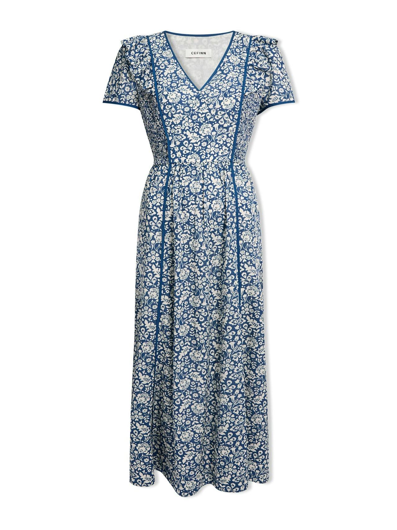 Blue mono floral print Maeve cotton blend maxi dress