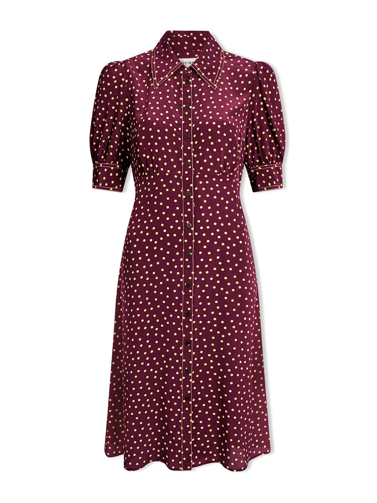 Burgundy gold polka dot print Ivy silk dress