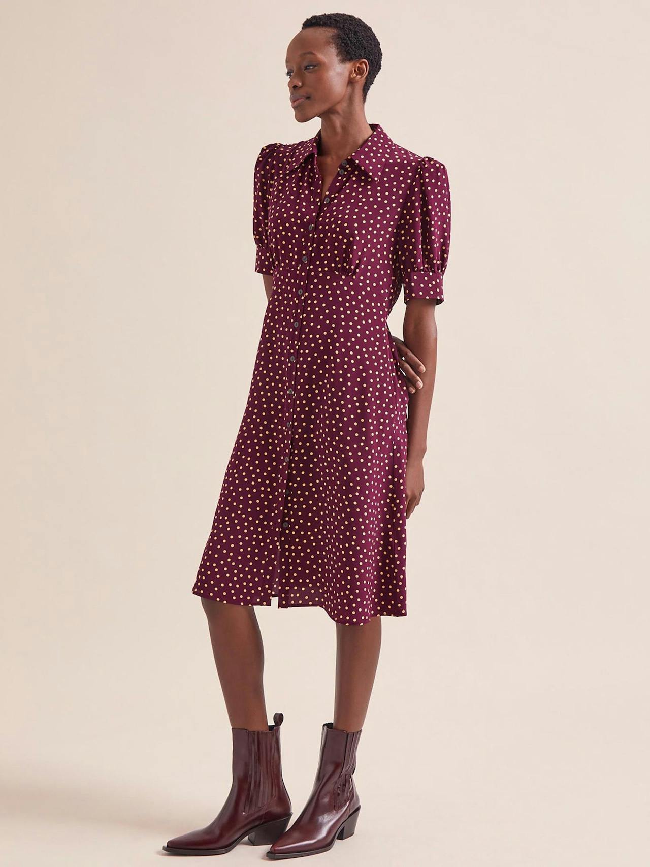 Burgundy gold polka dot print Ivy silk dress Dress Cefinn    - Collagerie