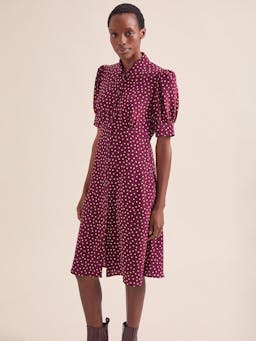 Burgundy gold polka dot print Ivy silk dress Dress Cefinn    - Collagerie