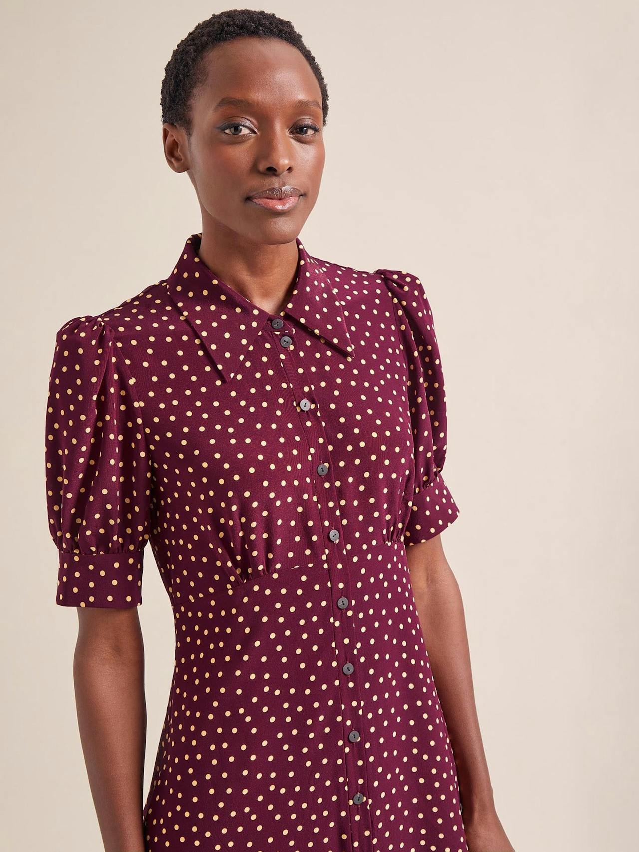 Burgundy gold polka dot print Ivy silk dress Dress Cefinn    - Collagerie