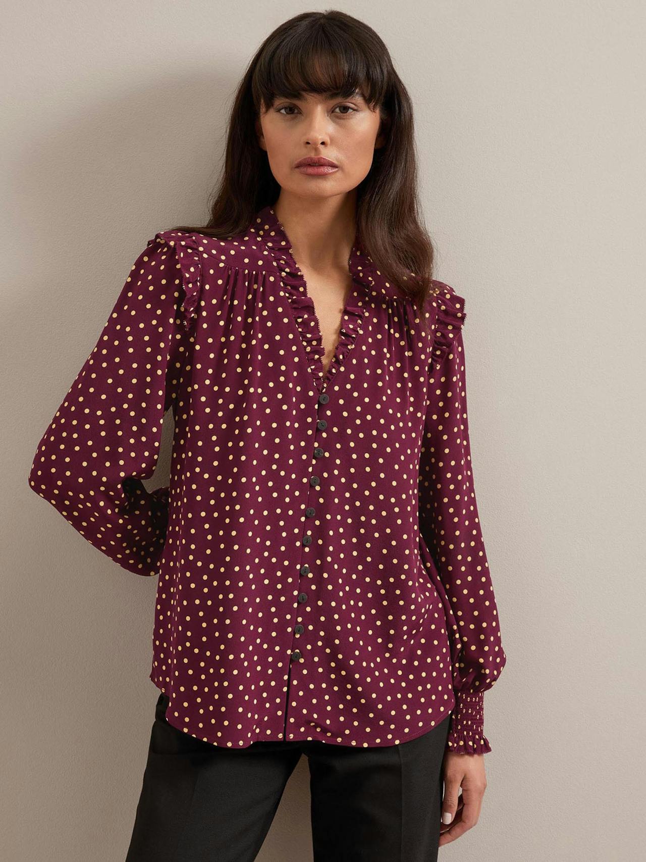 Burgundy gold polka dot print Stella silk shirt Shirt Cefinn    - Collagerie