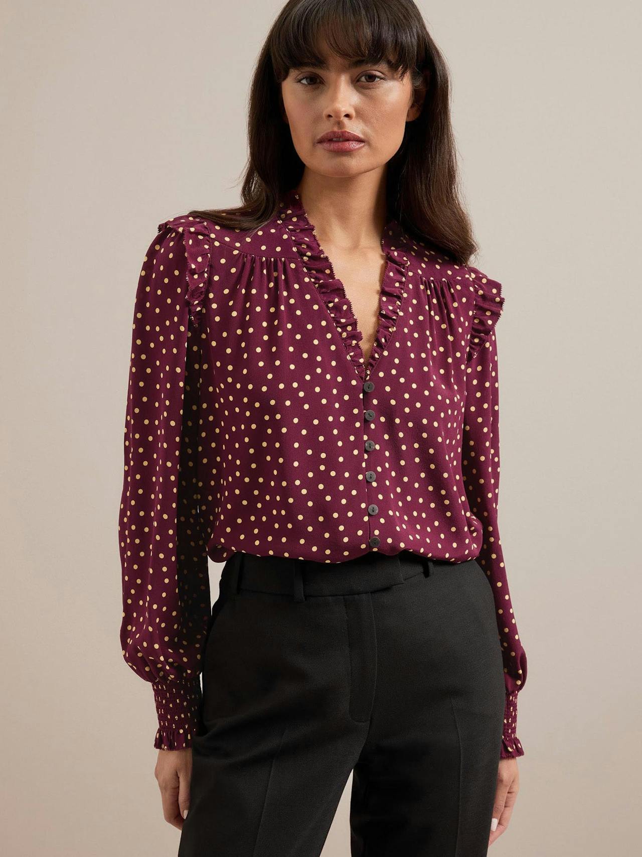 Burgundy gold polka dot print Stella silk shirt Shirt Cefinn    - Collagerie