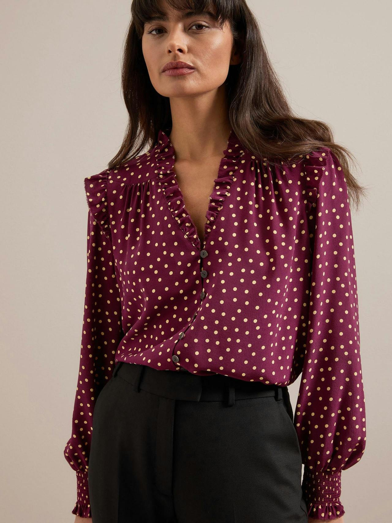 Burgundy gold polka dot print Stella silk shirt Shirt Cefinn    - Collagerie