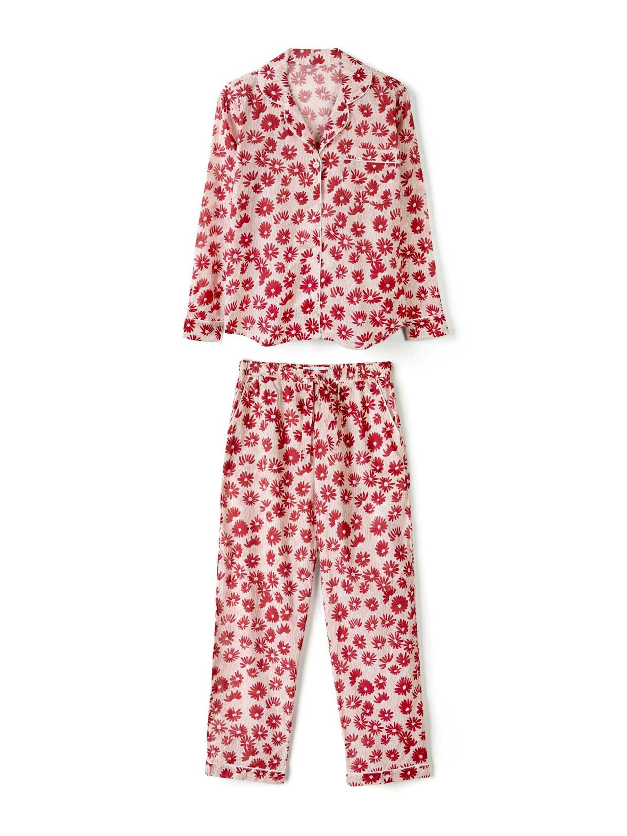 Long pyjama set chamomile print pink/red