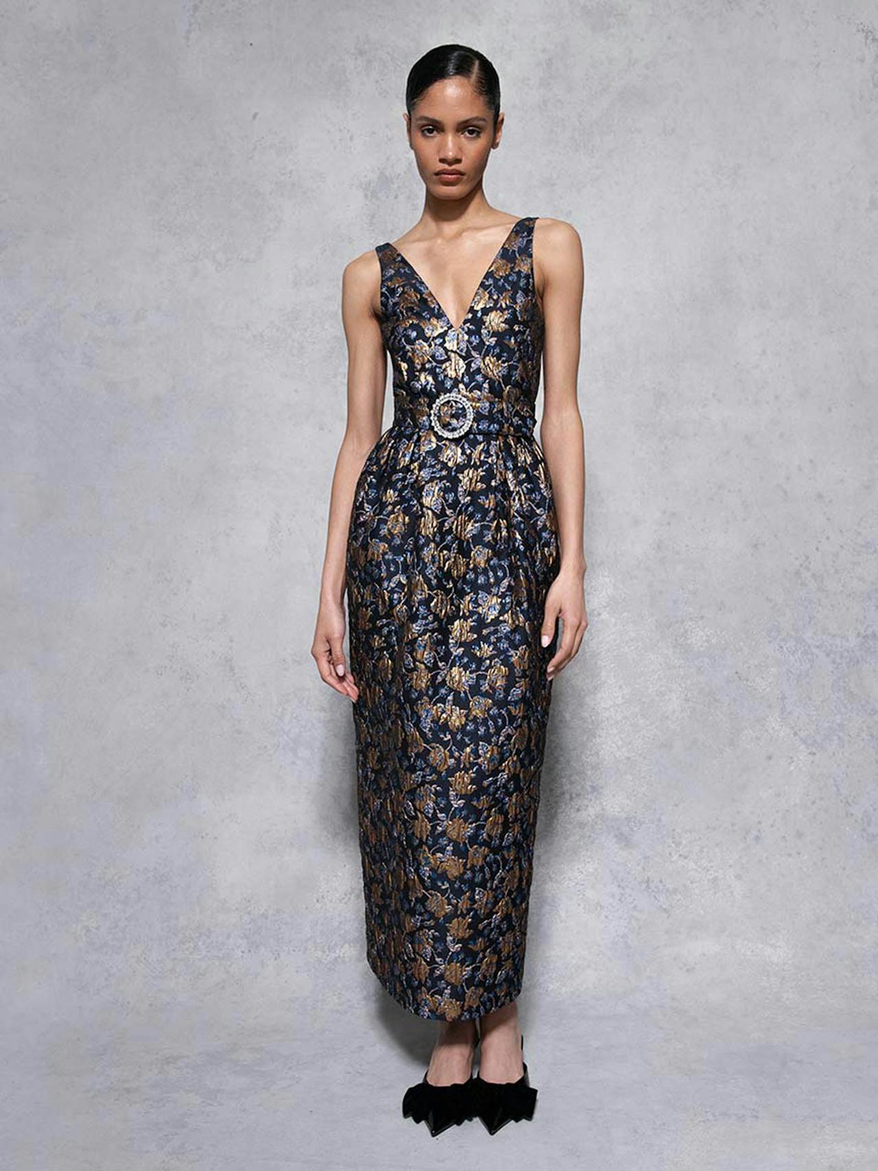 Navy and gold Jules floral jacquard midi dress DRESS - AW24 Borgo De Nor    - Collagerie