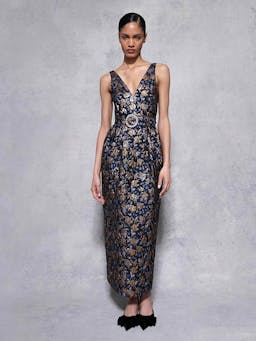 Navy and gold Jules floral jacquard midi dress DRESS - AW24 Borgo De Nor    - Collagerie