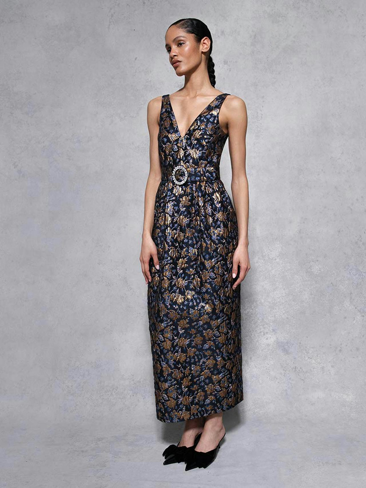 Navy and gold Jules floral jacquard midi dress DRESS - AW24 Borgo De Nor    - Collagerie