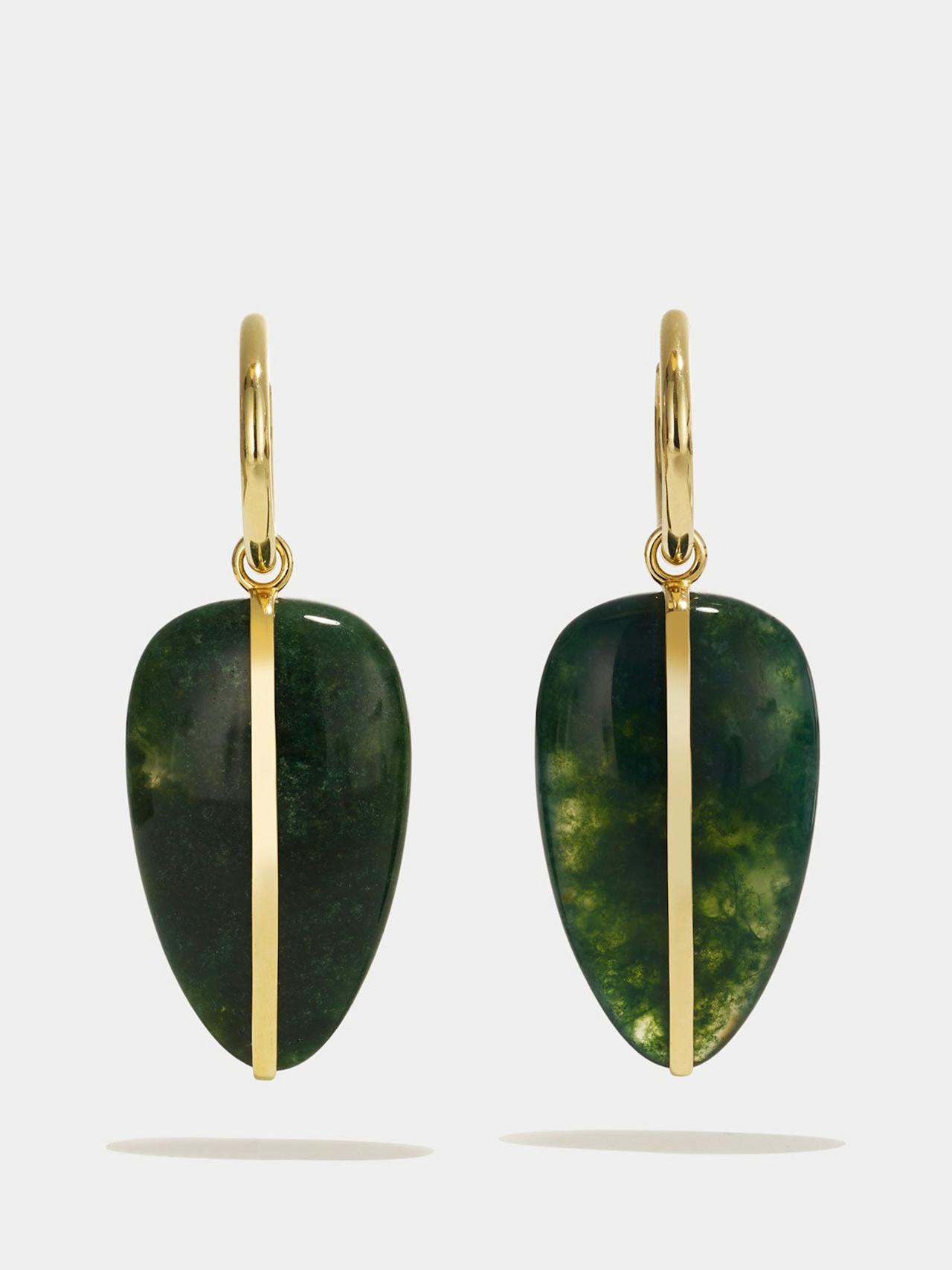 Moss agate large pebble earrings