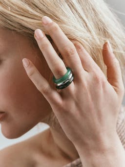 Green chalcedony and moss agate Stone trilogy stack ring Rings By Pariah    - Collagerie