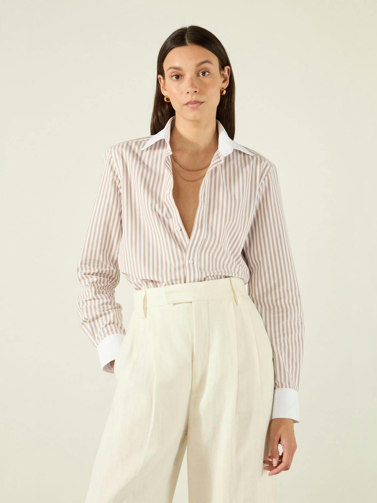 The Boyfriend Contrast: Fine poplin, latte stripe Shirts With Nothing Underneath    - Collagerie